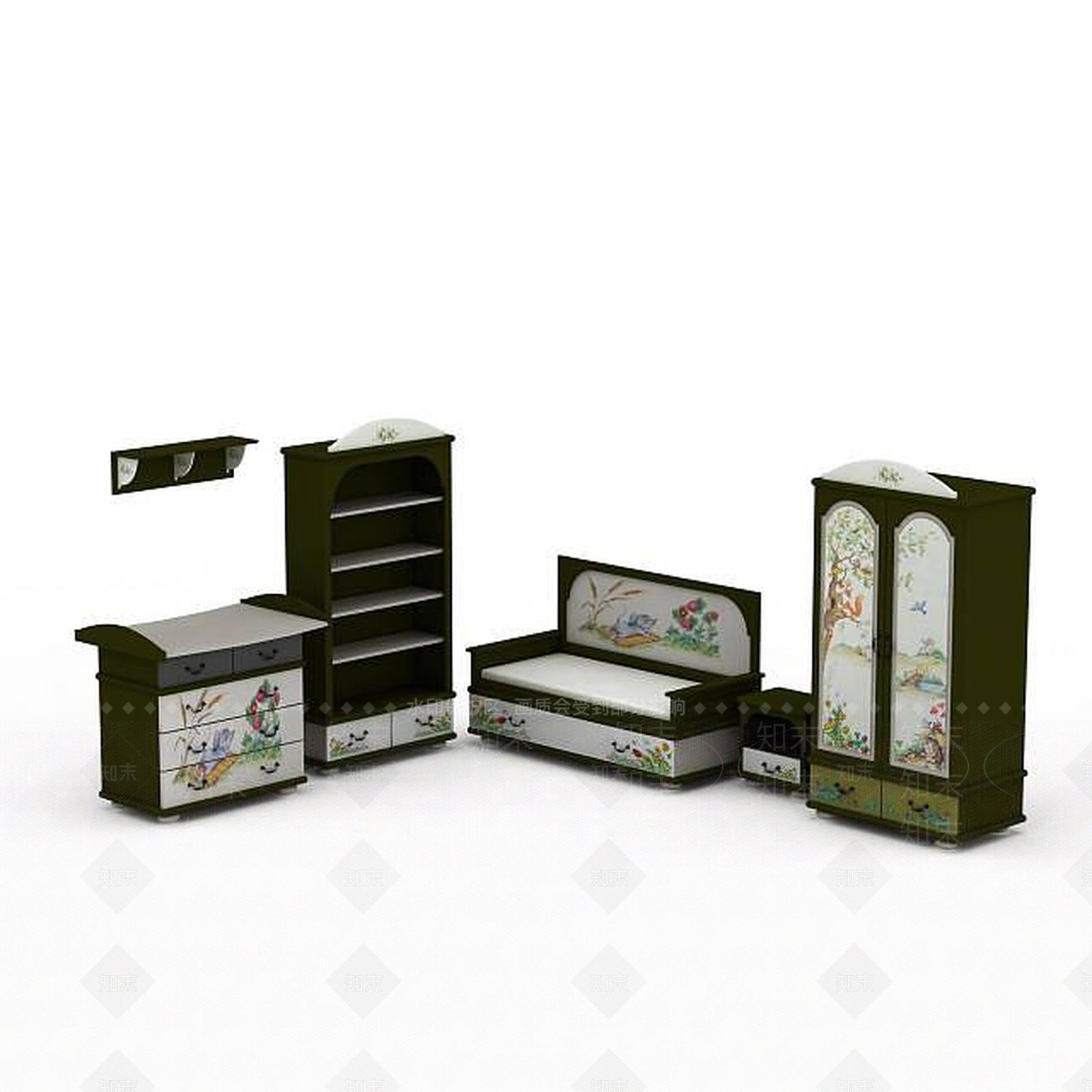 中式古典印花卧室家具组合3D模型下载【ID:1199564693】