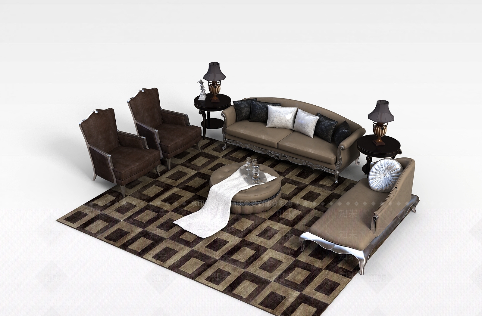 现代高档皮质沙发茶几组合3D模型下载【ID:1199566581】