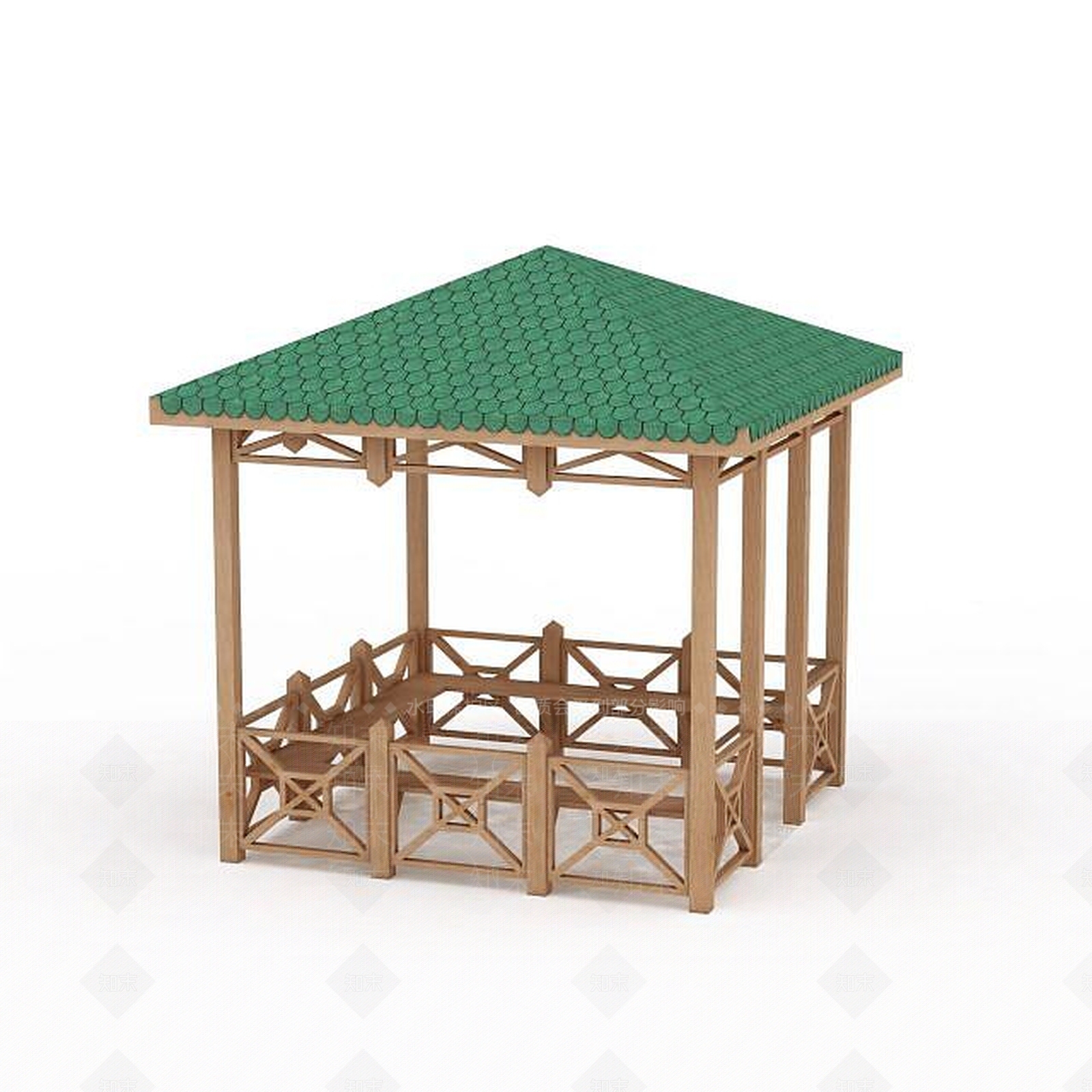 现代小区绿色瓦棚凉亭3D模型下载【ID:1199579294】