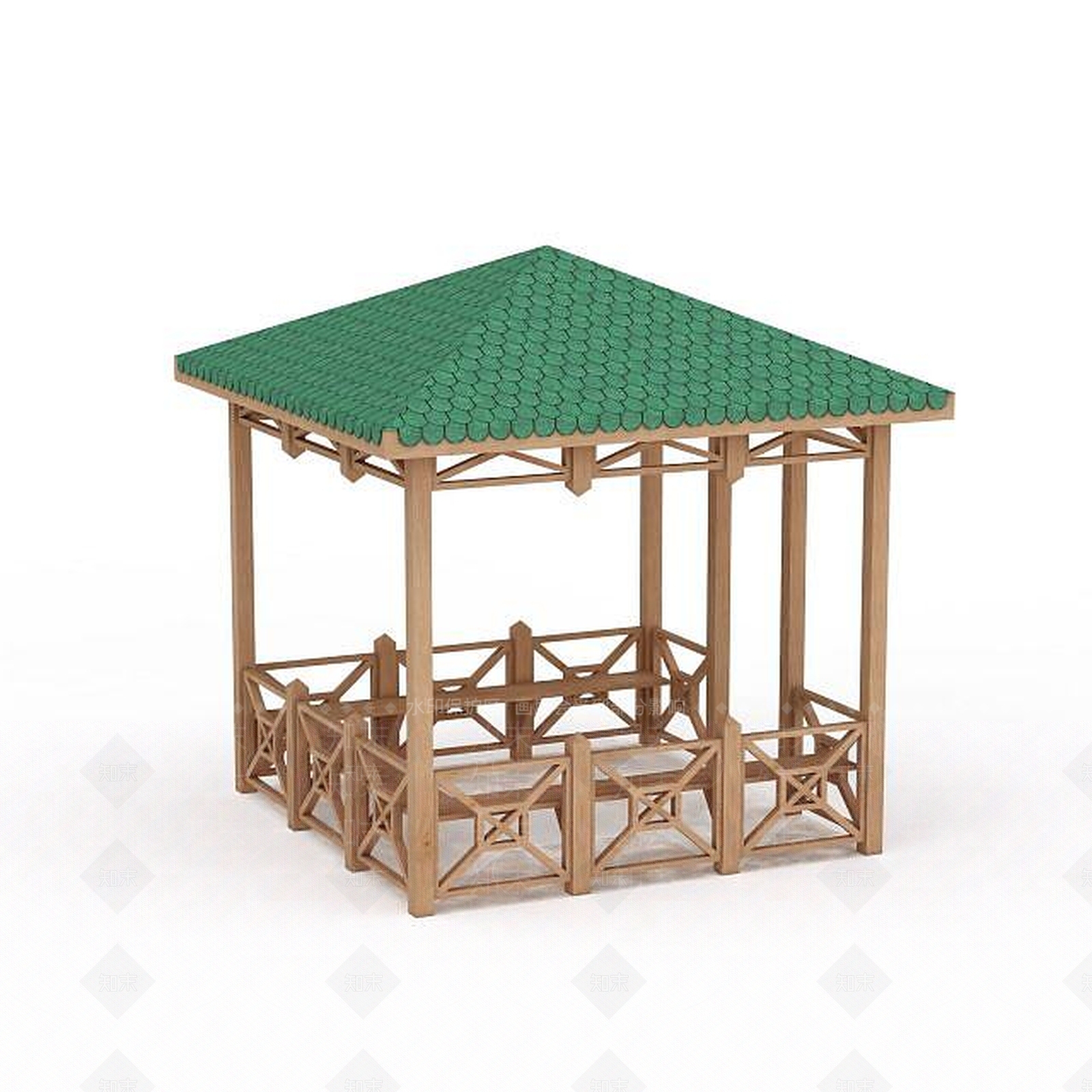 现代小区绿色瓦棚凉亭3D模型下载【ID:1199579294】