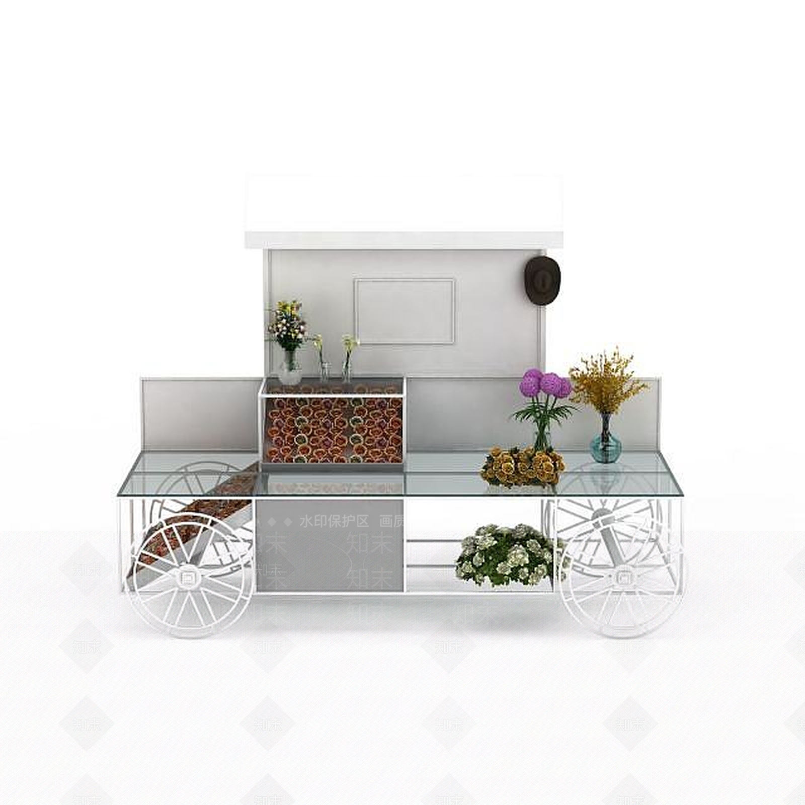 现代精美白色钢化玻璃花车花架3D模型下载【ID:1199580634】