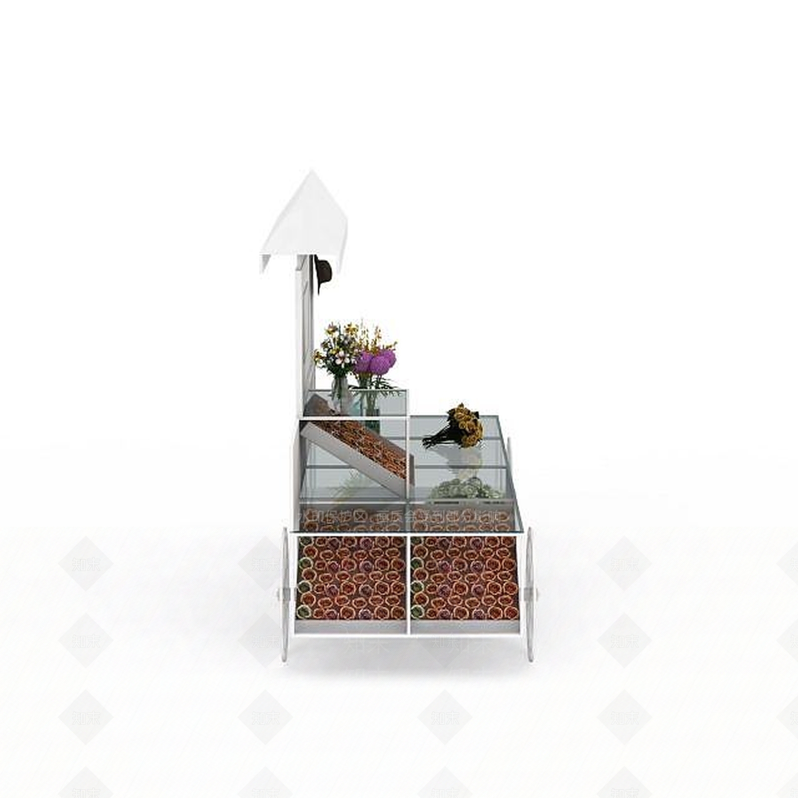 现代精美白色钢化玻璃花车花架3D模型下载【ID:1199580634】