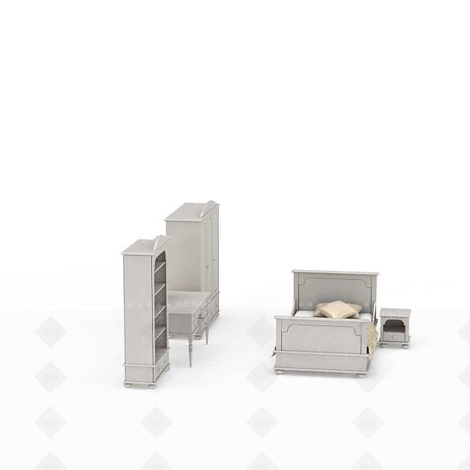 现代卧室床柜组合3D模型下载【ID:1199594763】