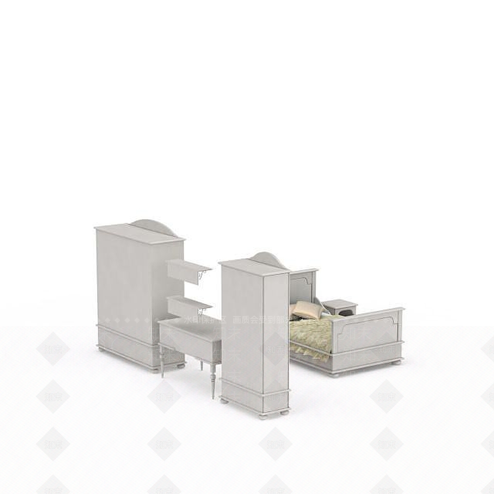 现代卧室床柜组合3D模型下载【ID:1199594763】