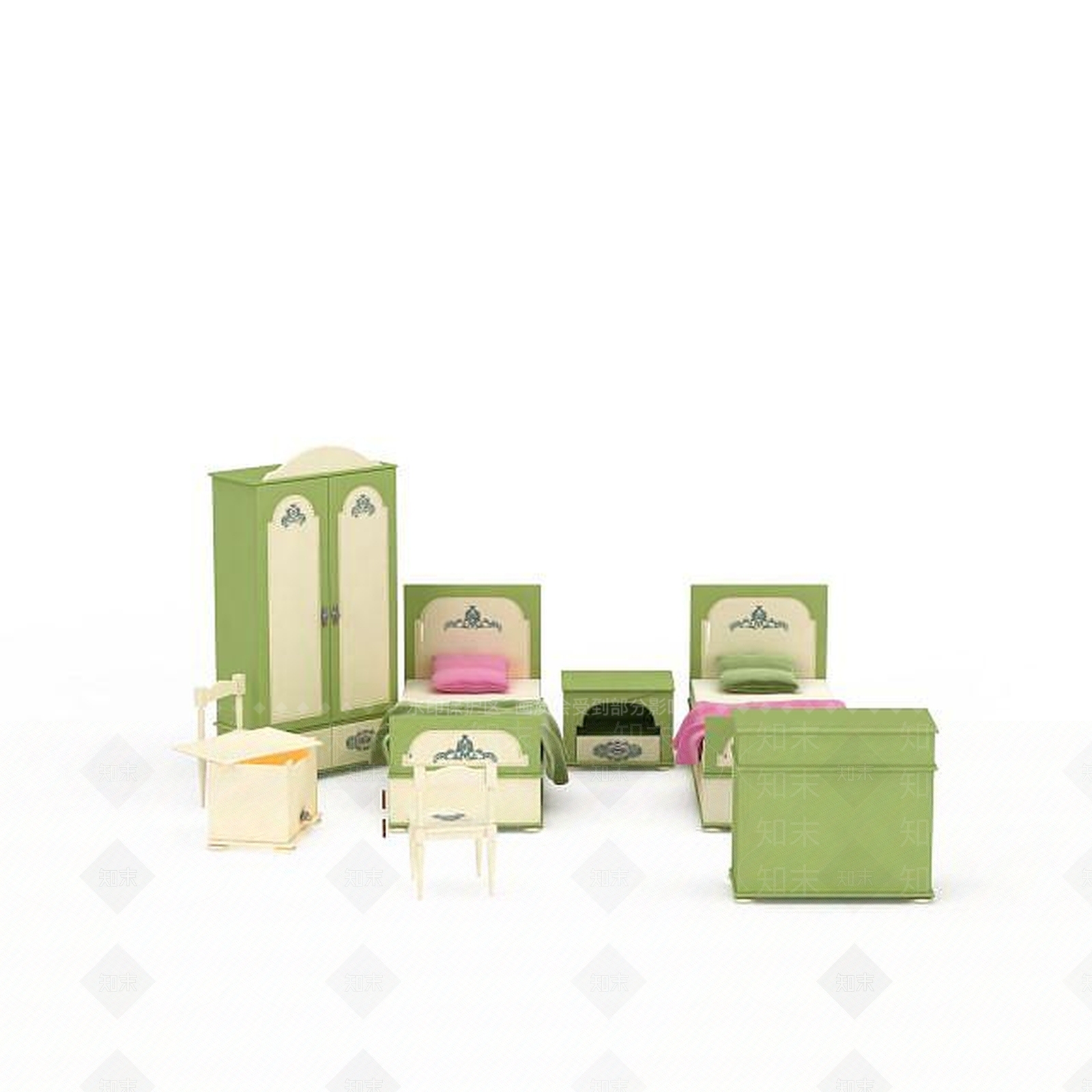 现代时尚绿色儿童家具床柜组合3D模型下载【ID:1199594841】
