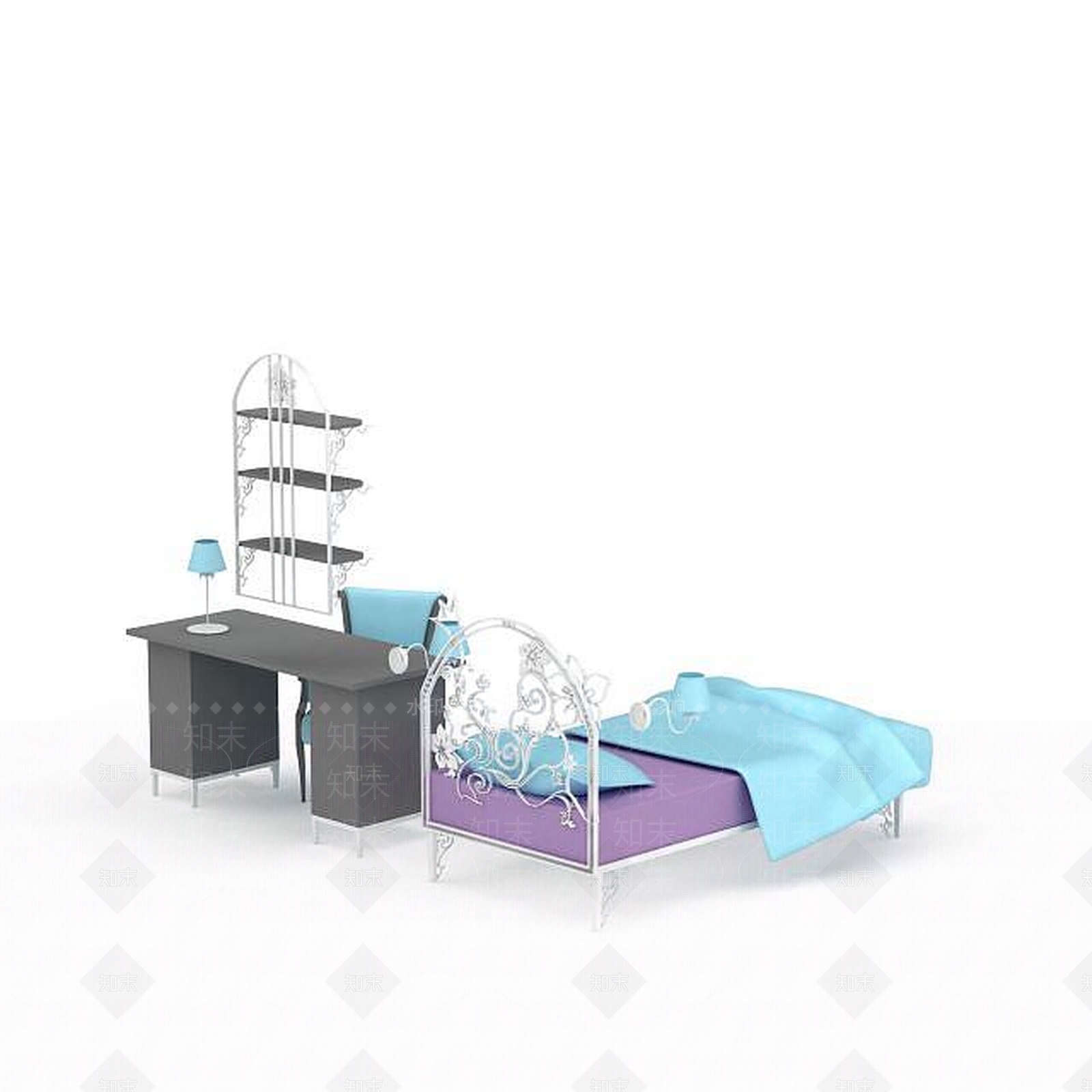 现代单人房儿童房床柜组合3D模型下载【ID:1199594885】