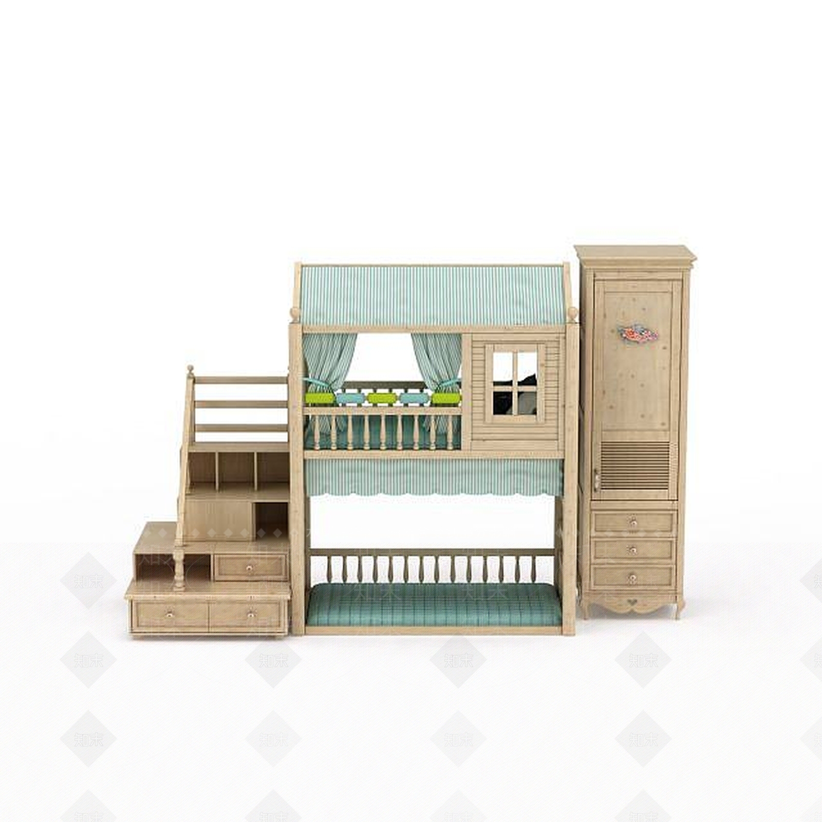 现代精品实木儿童床柜组合3D模型下载【ID:1199594915】