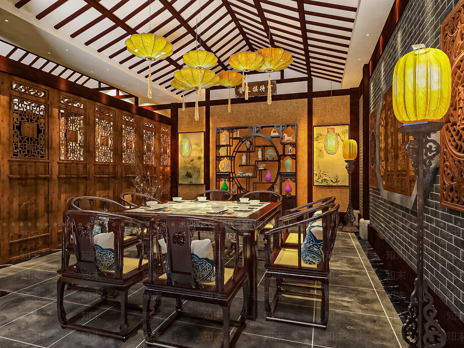 现代新中式中餐厅3D模型下载【ID:1199597078】