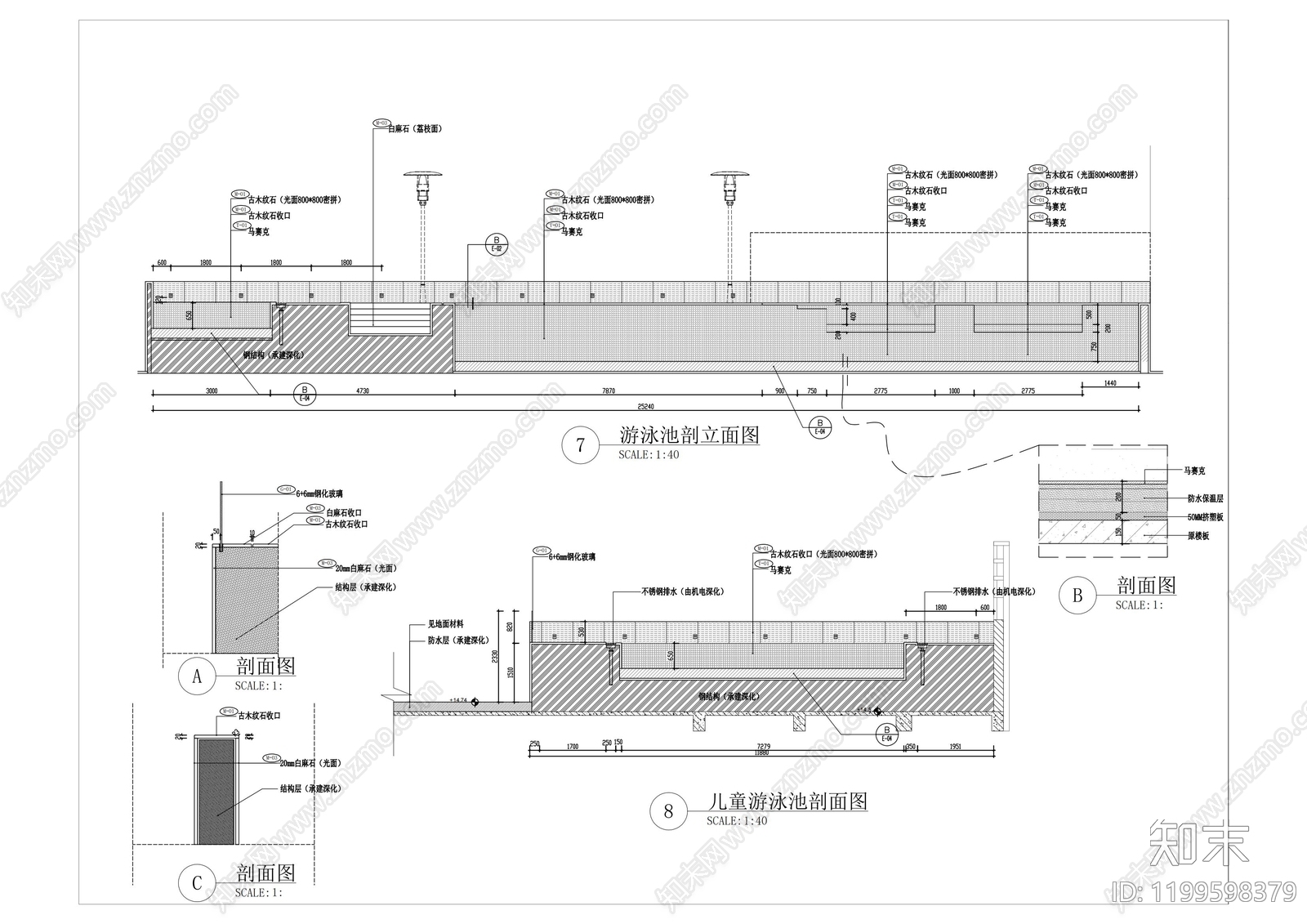 现代游泳馆cad施工图下载【ID:1199598379】