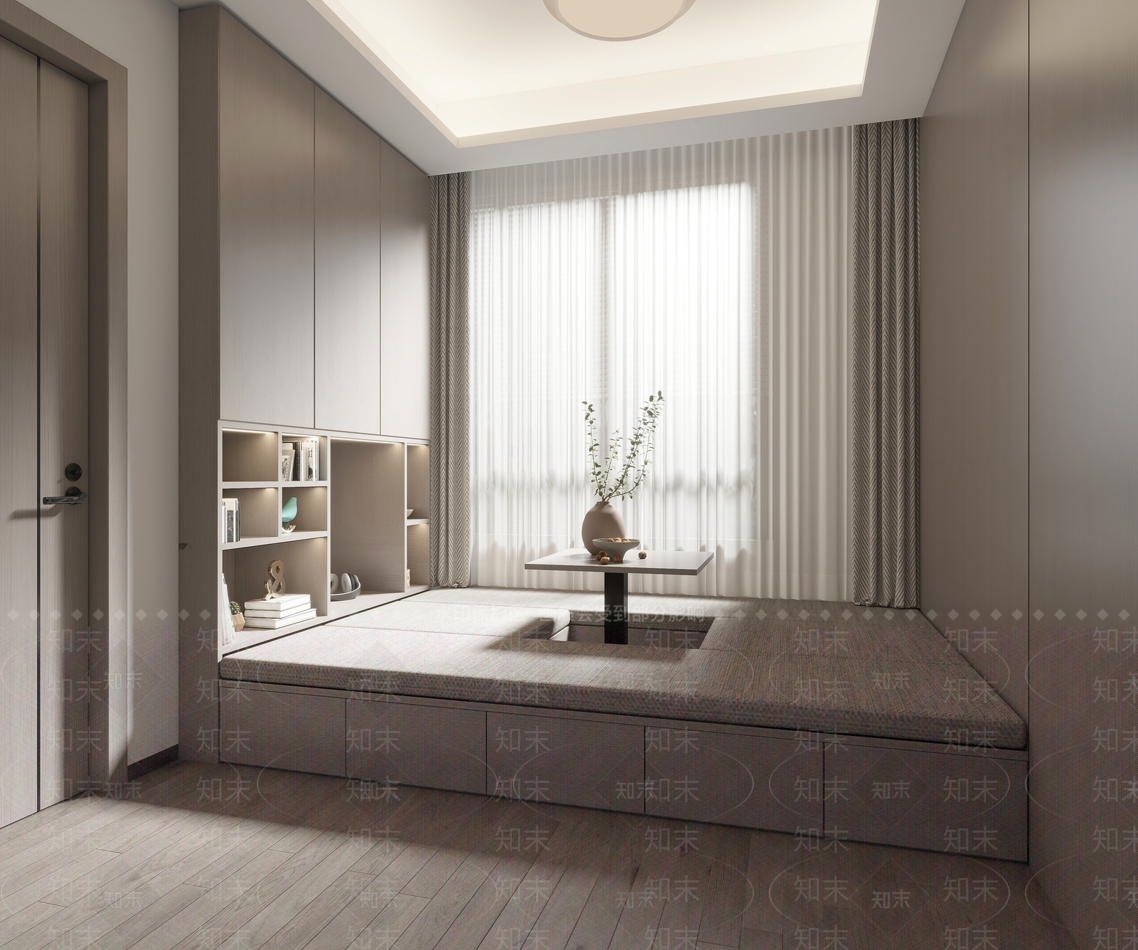 现代原木榻榻米卧室3D模型下载【ID:1199608712】