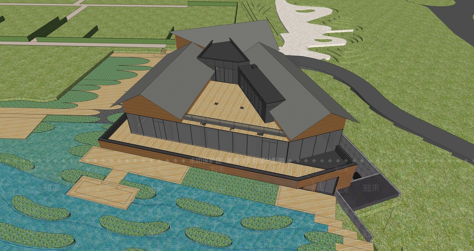新中式售楼处建筑SU模型下载【ID:1199663665】