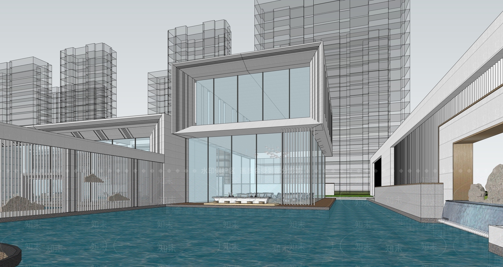 新中式中式售楼处建筑SU模型下载【ID:1199704429】