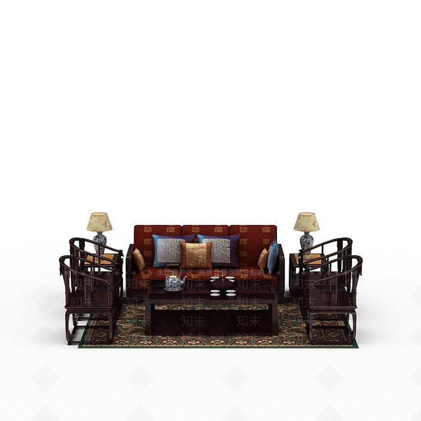 中式经典中式红木沙发茶几组合3D模型下载【ID:1199695806】