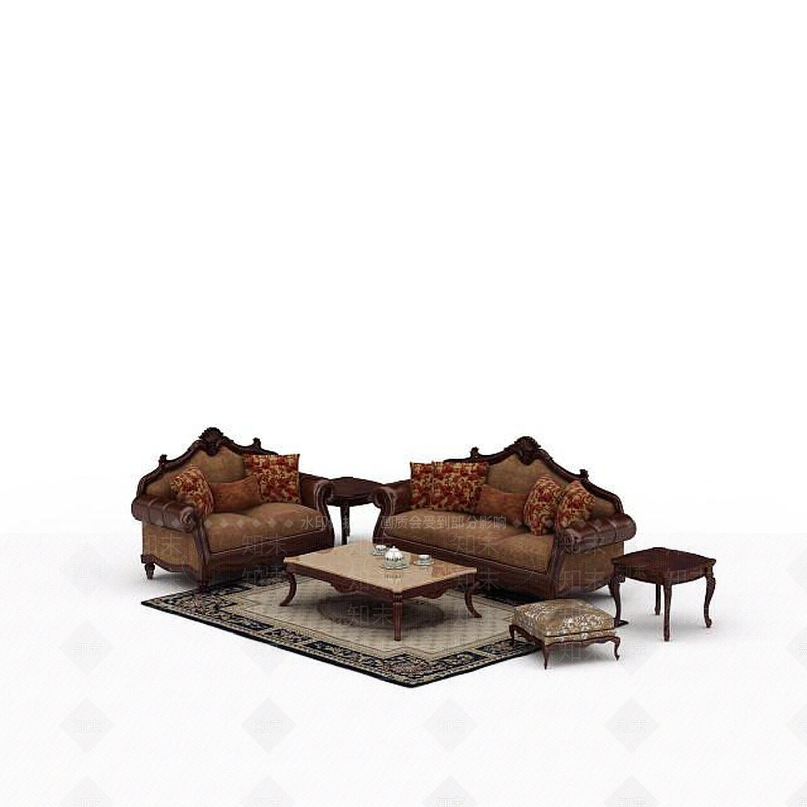 现代高端印花布艺实木雕花沙发3D模型下载【ID:1199696275】