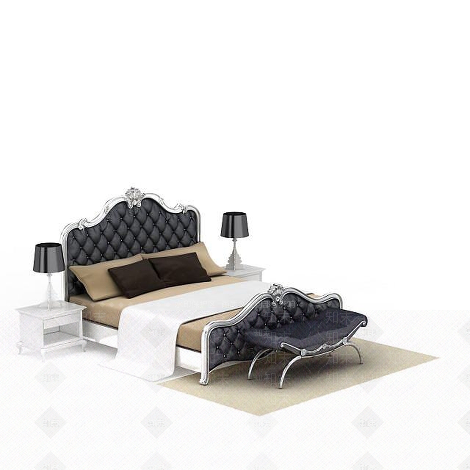 美式豪华灰色美式软包双人床3D模型下载【ID:1199697807】