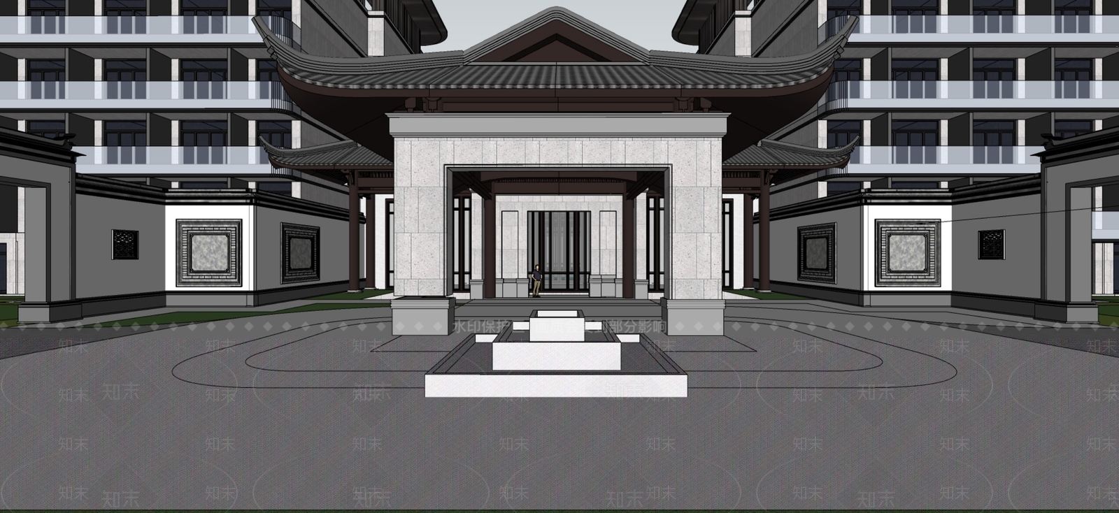 现代新中式酒店建筑SU模型下载【ID:1199715677】