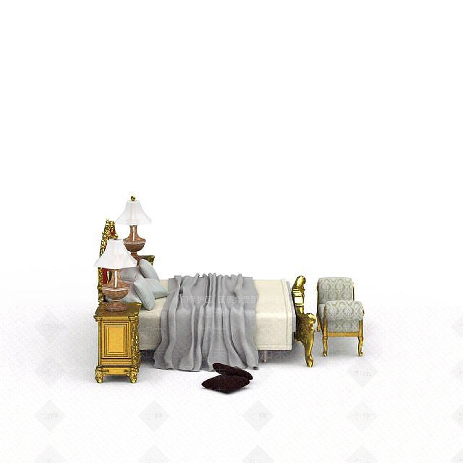 现代豪华金色雕花双人床3D模型下载【ID:1199734496】