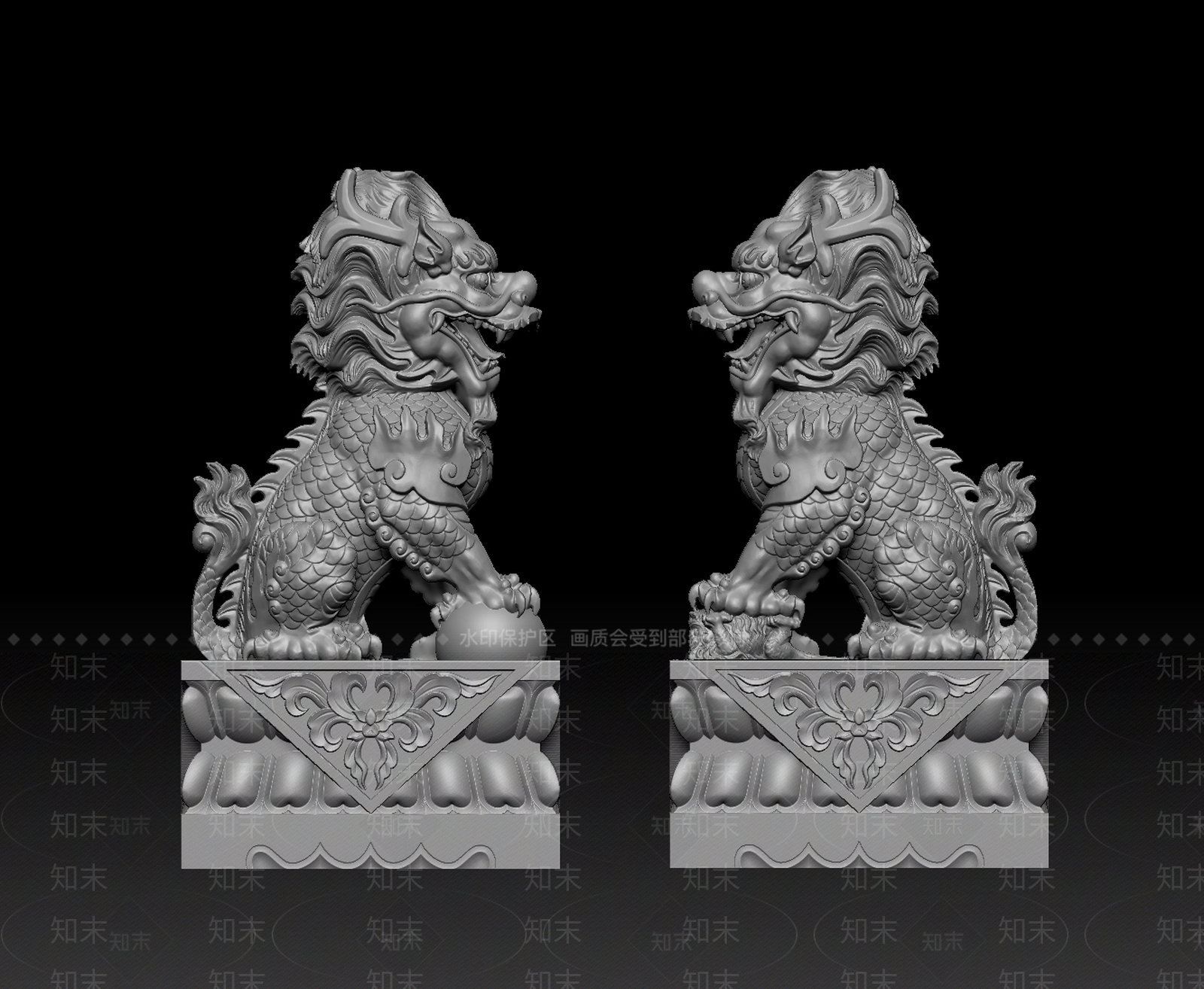 中式雕塑摆件3D模型渲染效果图