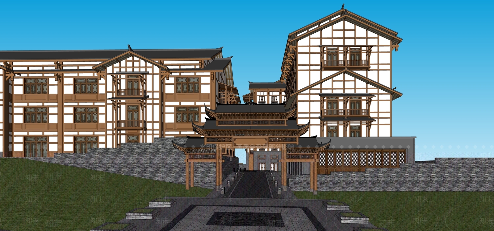 中式商业街SU模型下载【ID:1199781509】