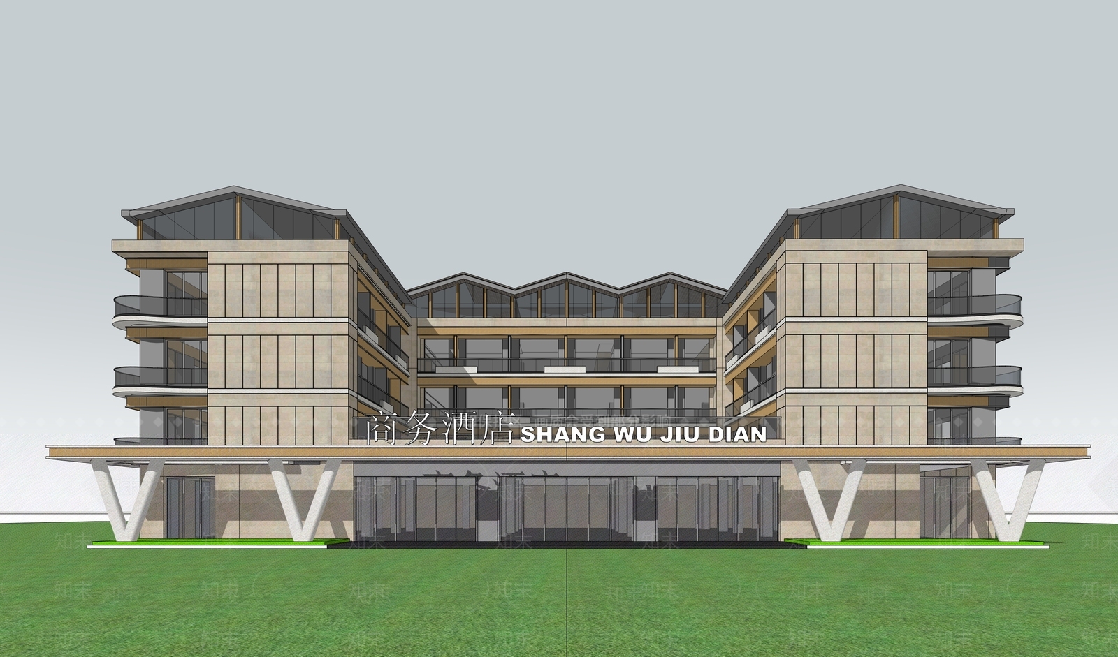 现代新中式酒店建筑SU模型下载【ID:1199780503】