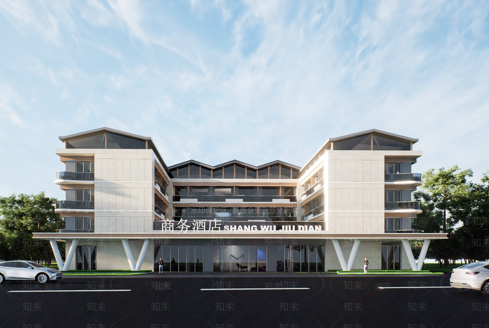 现代新中式酒店建筑SU模型下载【ID:1199780503】