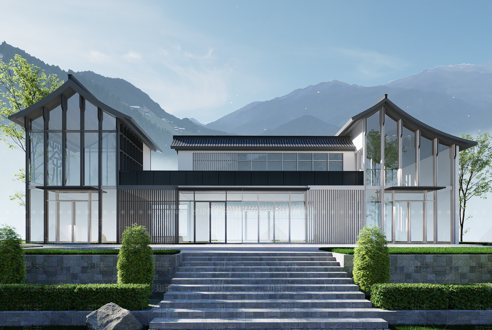 新中式民宿建筑SU模型下载【ID:1199861425】