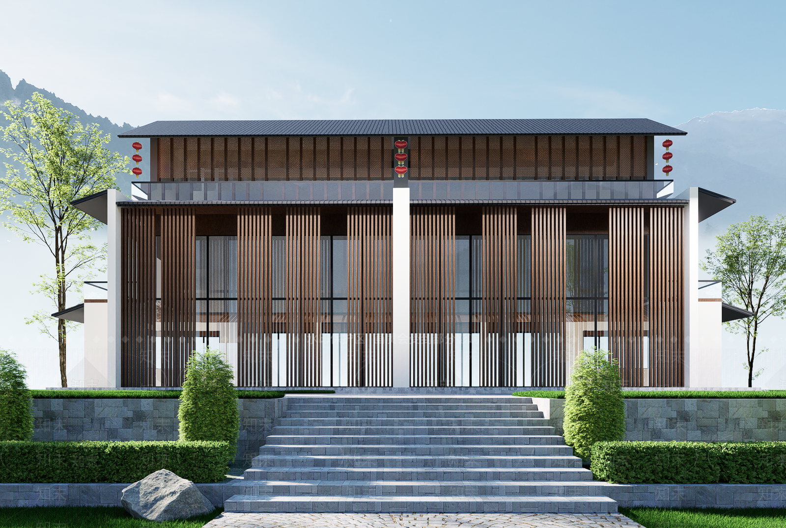 新中式民宿建筑SU模型下载【ID:1199861657】