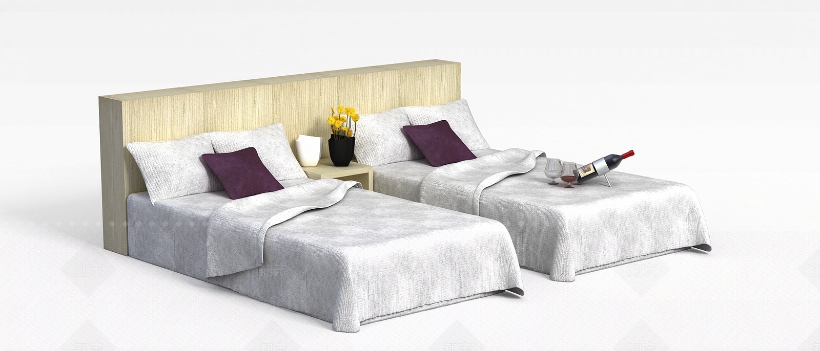 现代酒店套间实木单人床组合3D模型下载【ID:1199885357】