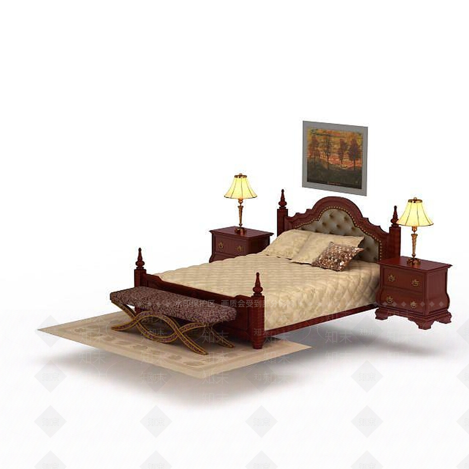 欧式古典欧式实木双人床家具3D模型下载【ID:1199887295】