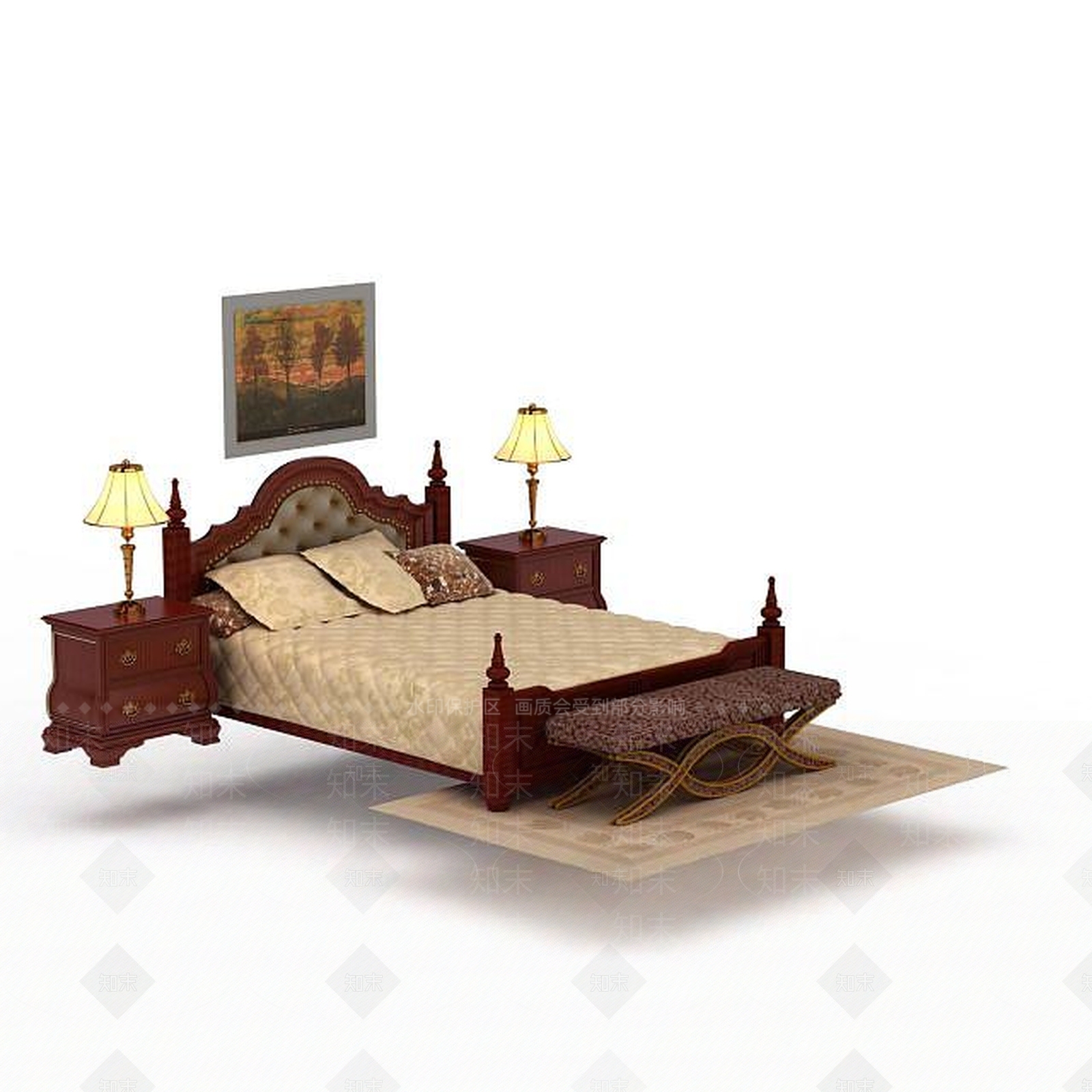 欧式古典欧式实木双人床家具3D模型下载【ID:1199887295】