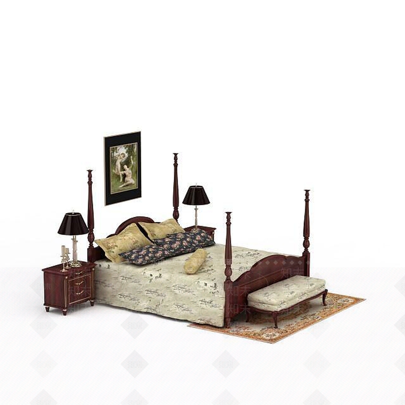 欧式古典欧式实木双人床具3D模型下载【ID:1199892839】