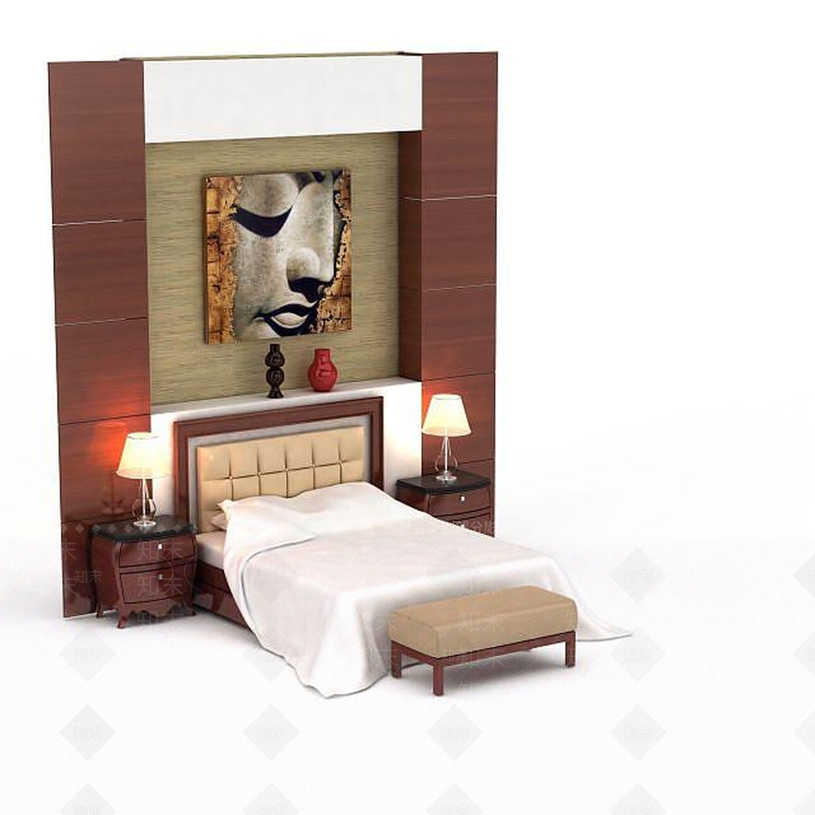 现代精美卧室背景墙双人床3D模型下载【ID:1199895425】