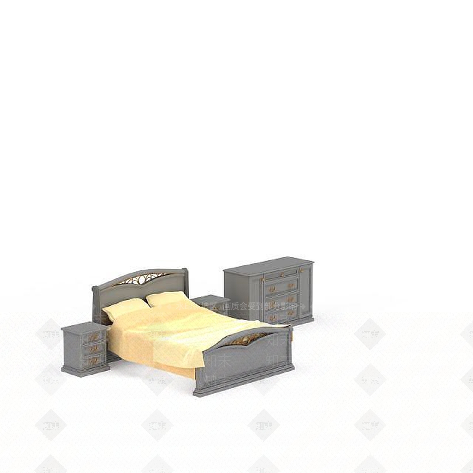 欧式古典欧式床头柜双人床组合3D模型下载【ID:1199895809】