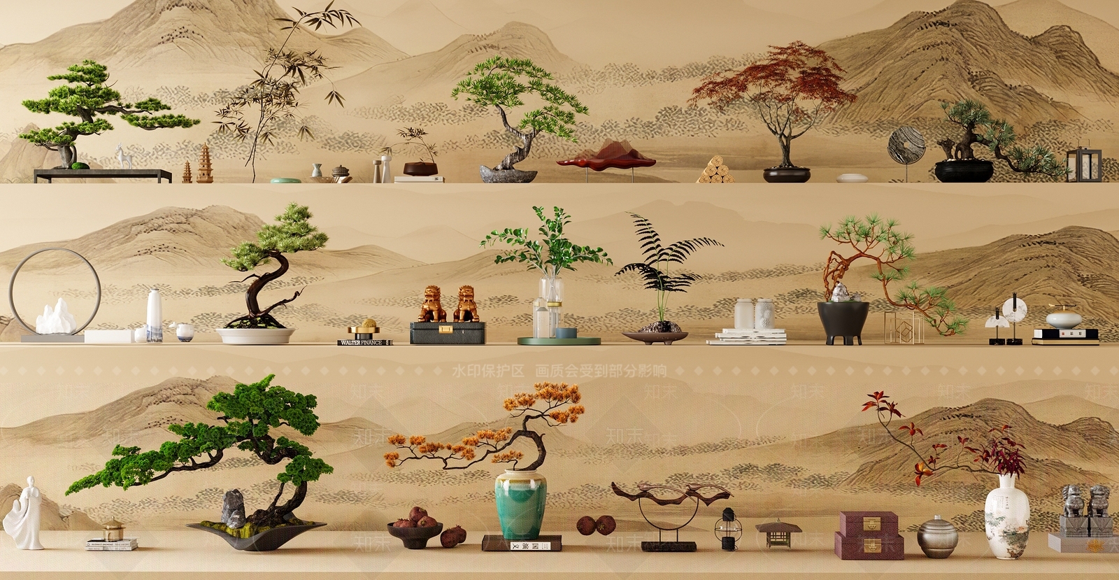 新中式禅意摆件组合3D模型下载【ID:1199911916】