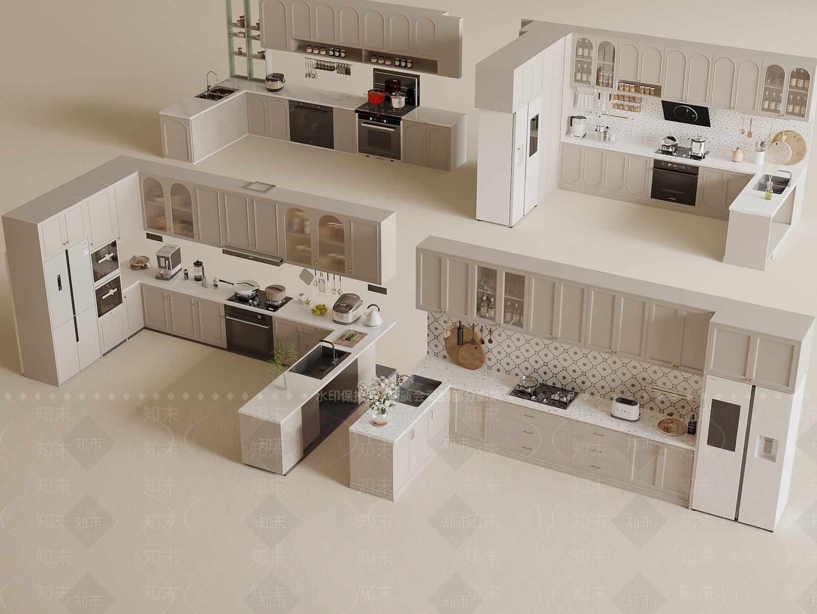 法式奶油封闭式厨房3D模型下载【ID:1199913140】