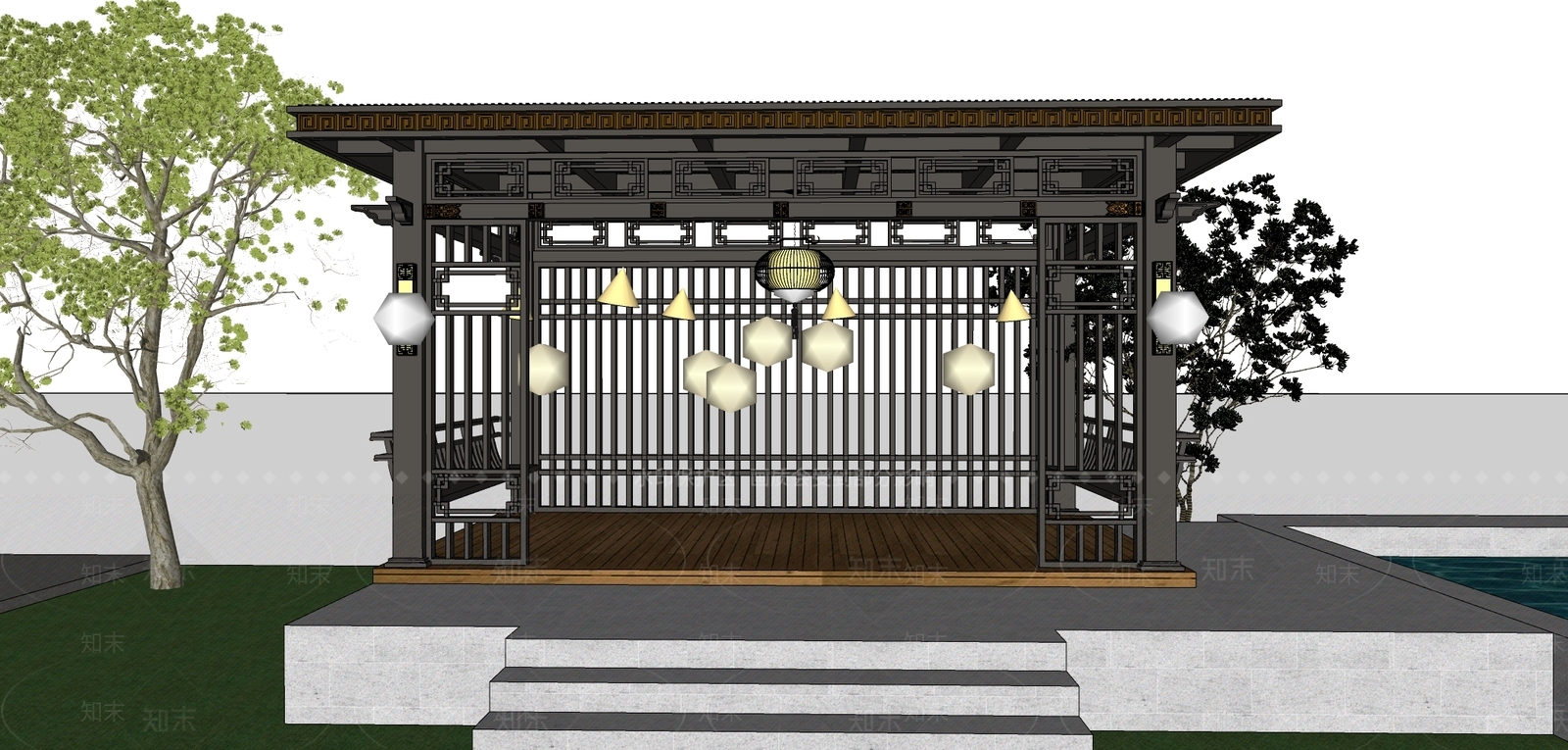 新中式中式亭子SU模型下载【ID:1199952828】