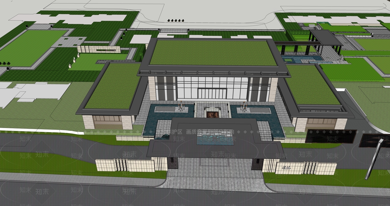新中式售楼处建筑SU模型下载【ID:1199973429】