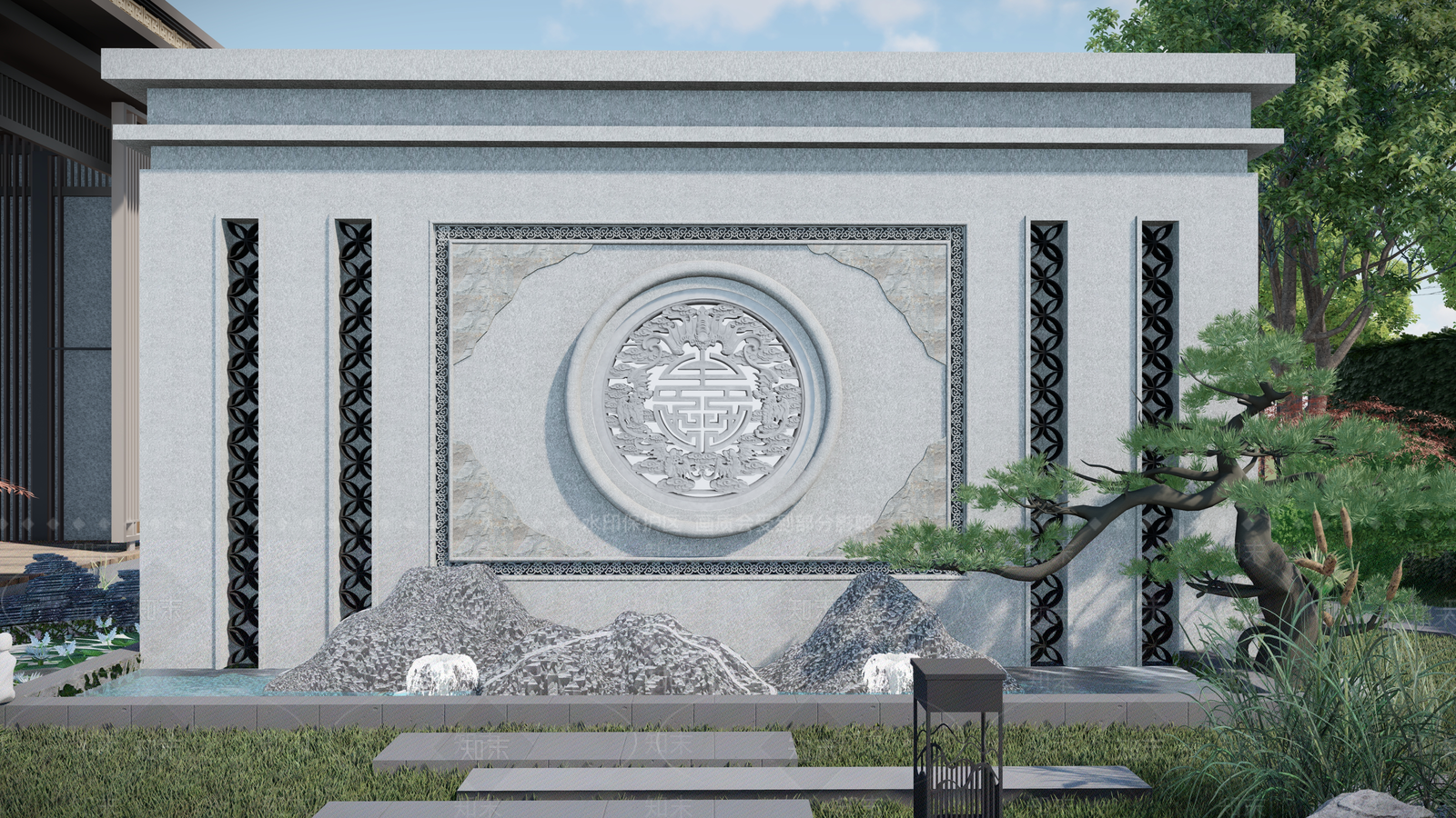 现代新中式别墅庭院SU模型下载【ID:1199995679】