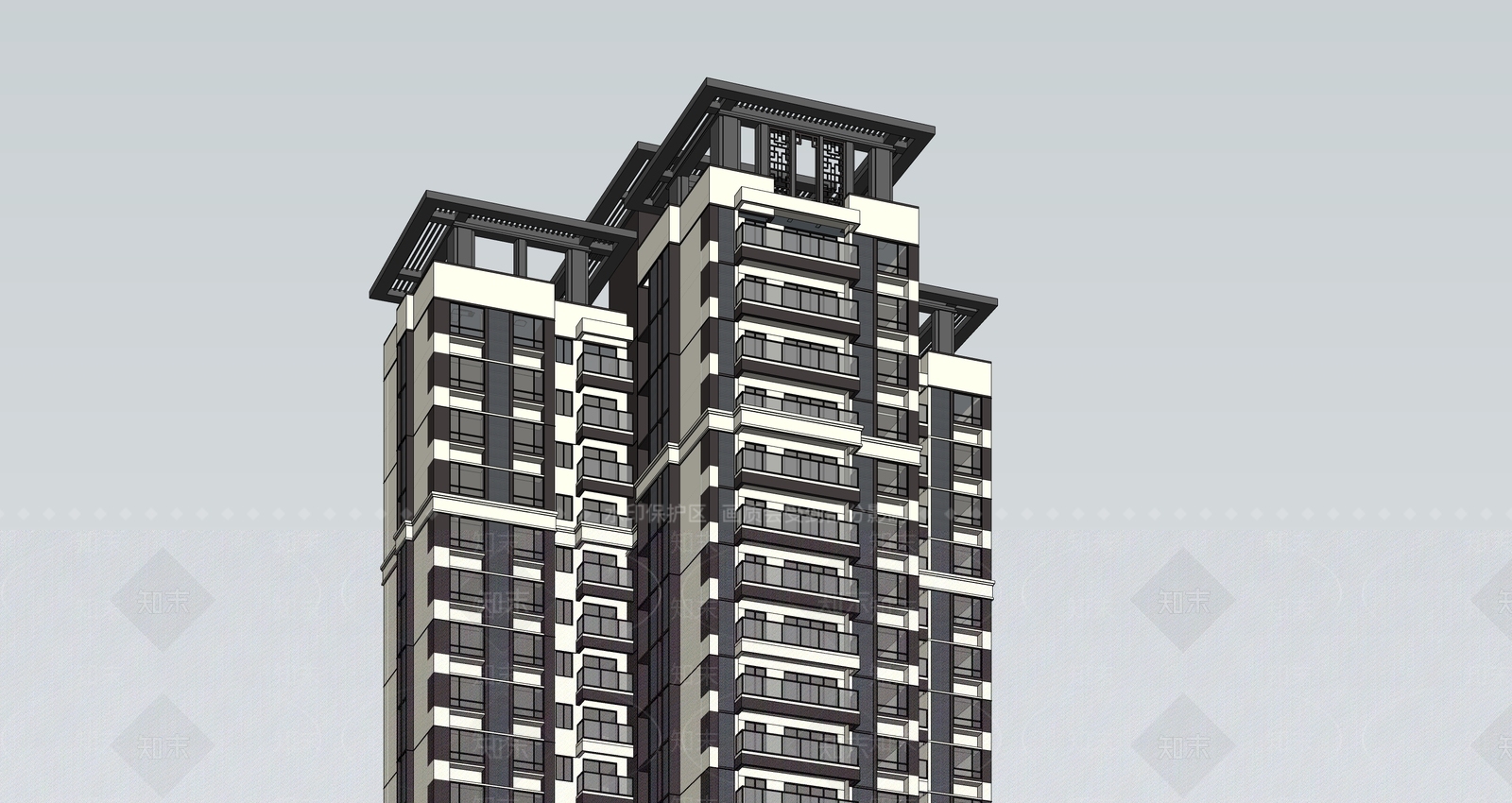 新中式高层住宅SU模型下载【ID:1200031889】