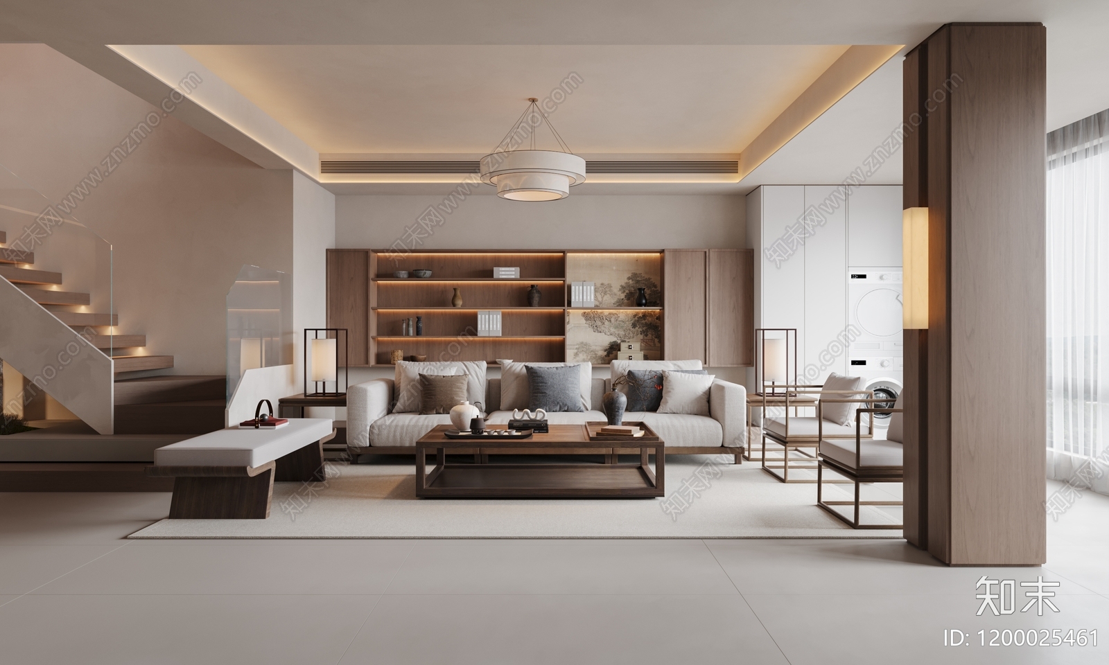 新中式简约别墅客厅3D模型下载【ID:1200025461】