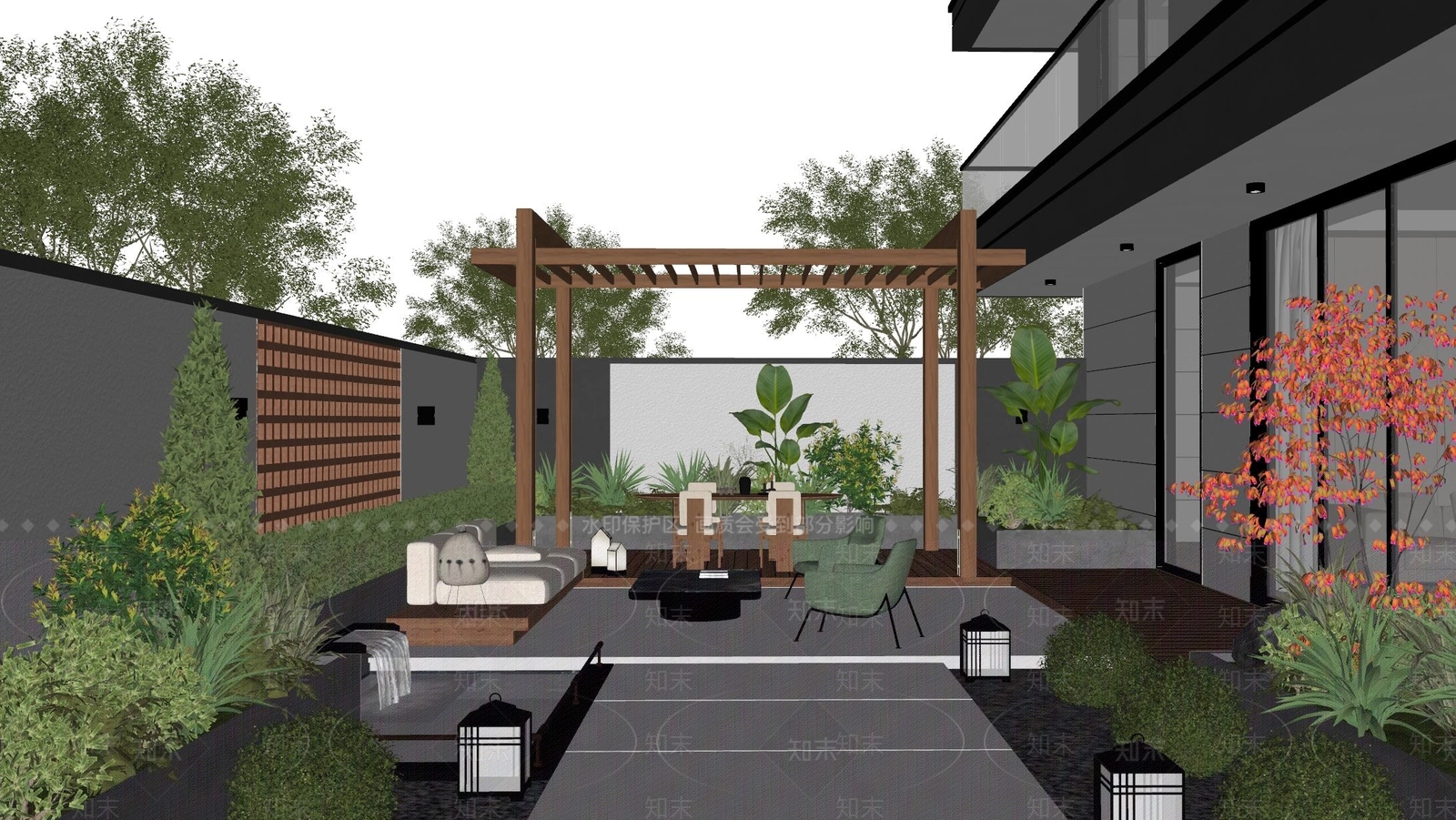 现代别墅庭院SU模型下载【ID:1200039114】