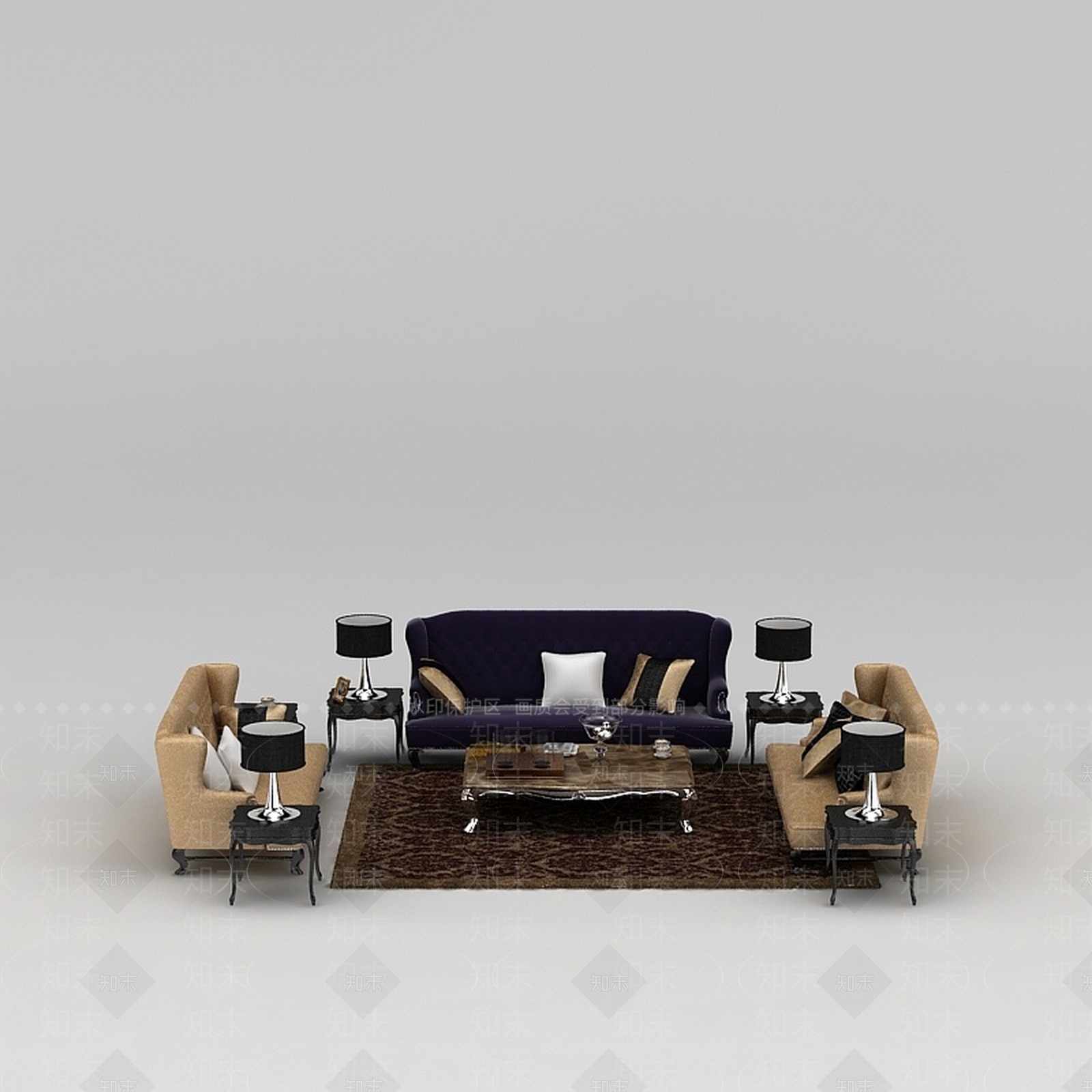 美式软包沙发茶几组合3D模型下载【ID:1200040677】