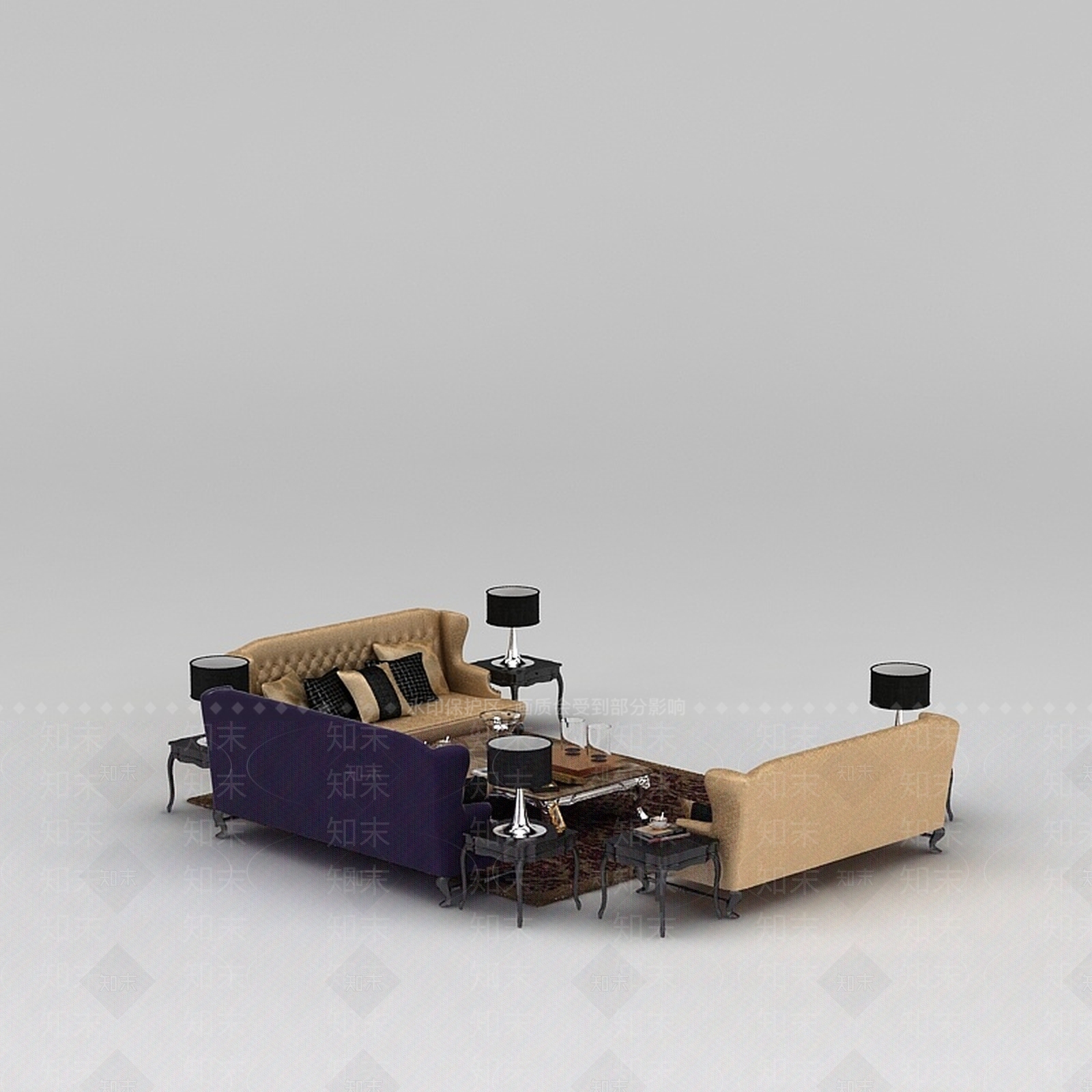 美式软包沙发茶几组合3D模型下载【ID:1200040677】