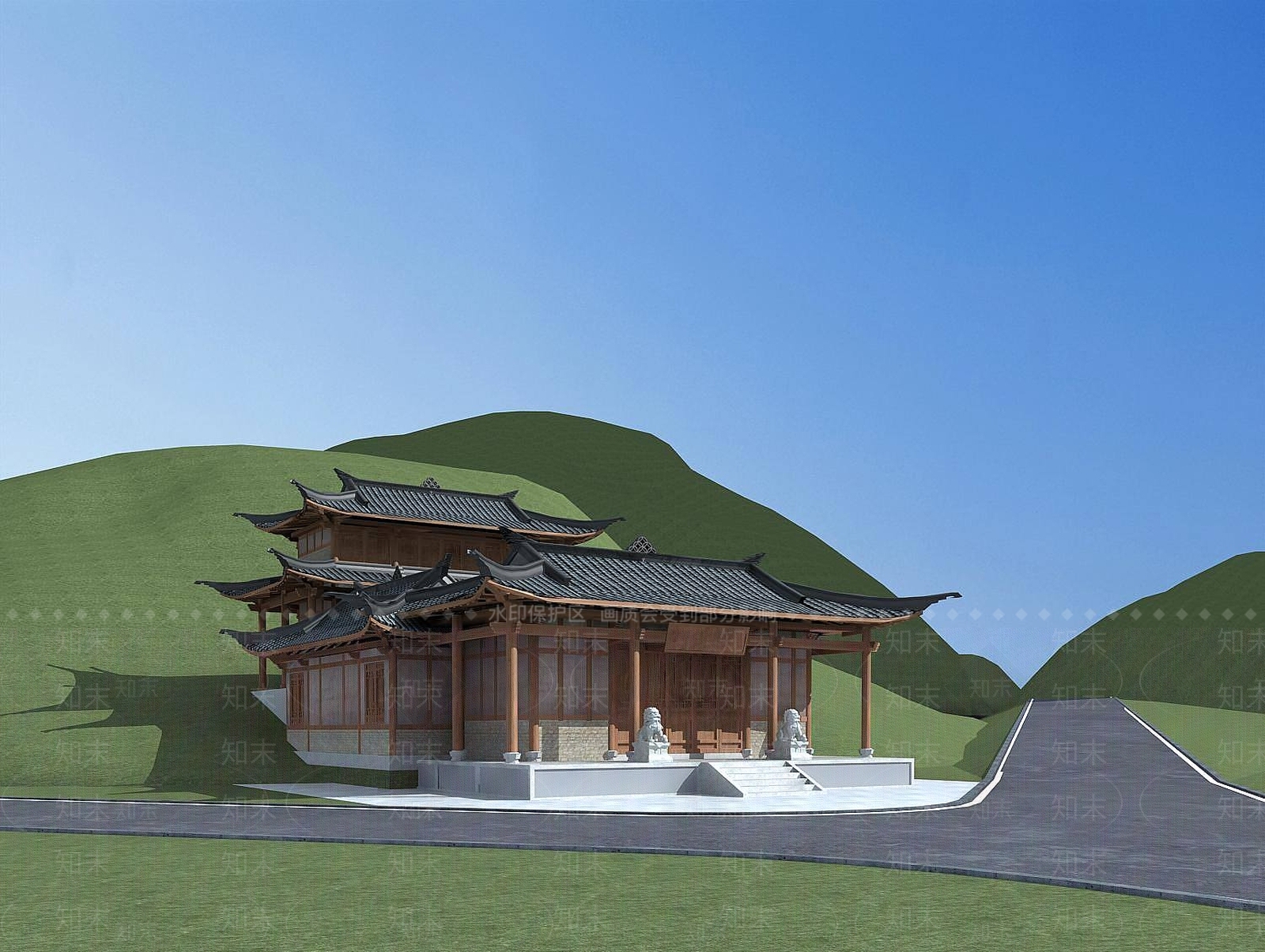 现代中国寺庙建筑3D模型下载【ID:1200045446】