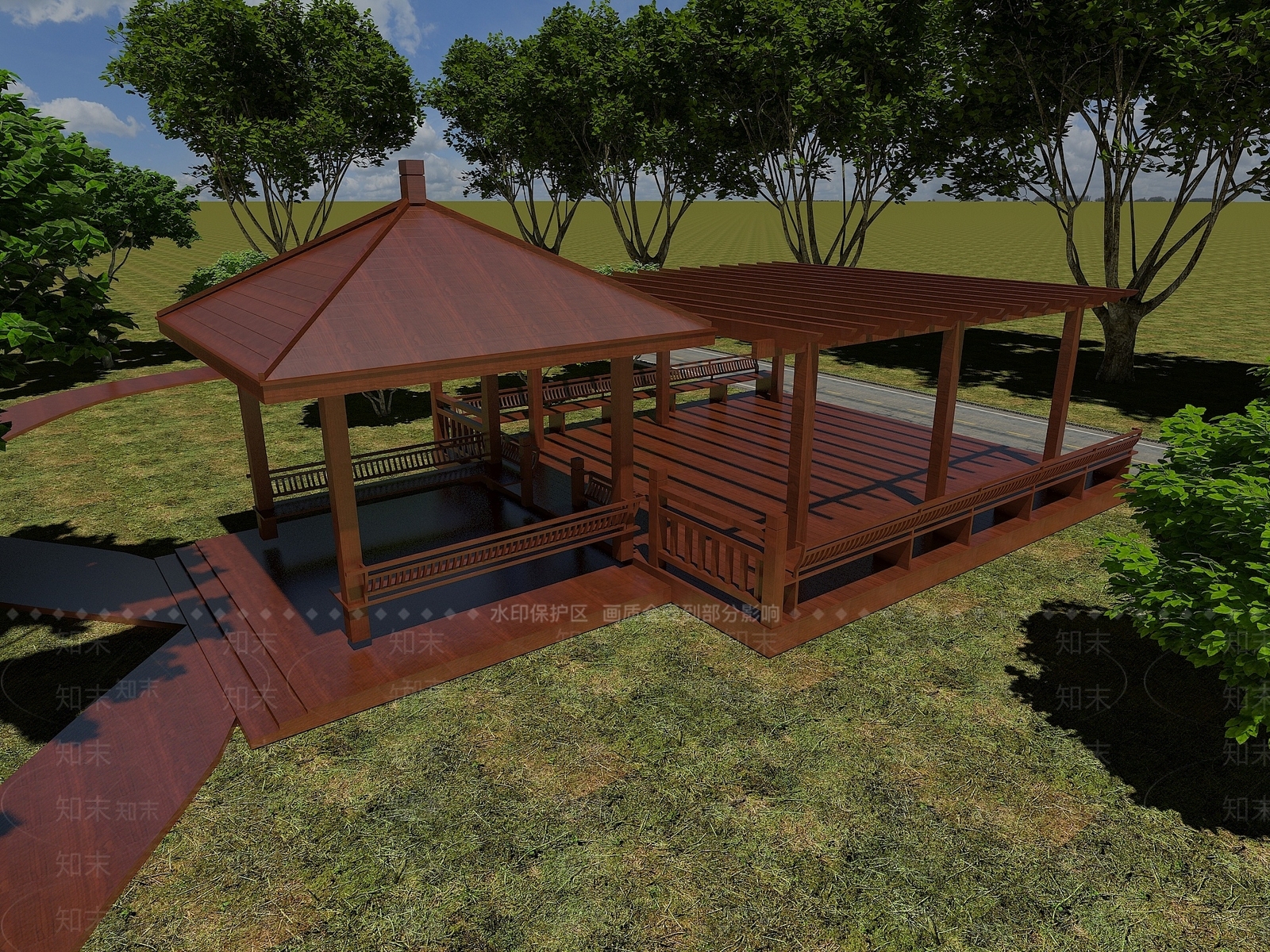 现代实木廊架凉亭休息亭3D模型下载【ID:1200048370】