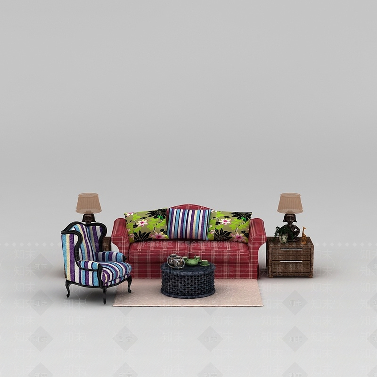 欧式古典欧式格子布艺组合沙发3D模型下载【ID:1200050274】