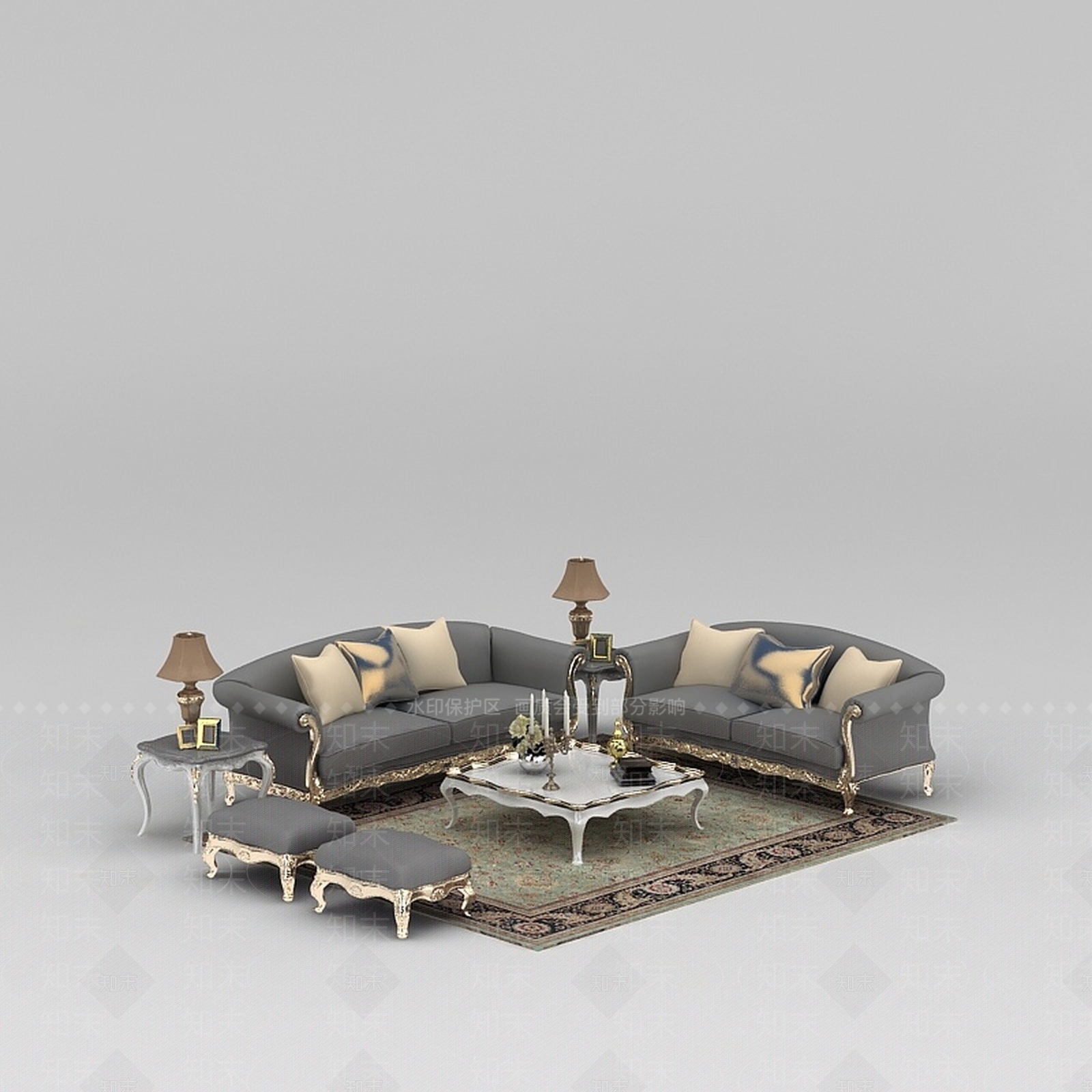 欧式古典欧式灰色布艺组合沙发3D模型下载【ID:1200054260】