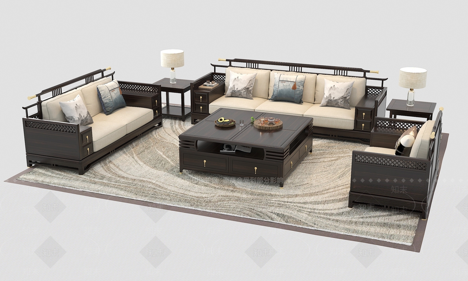 中式沙发组合3D模型下载【ID:1200084746】
