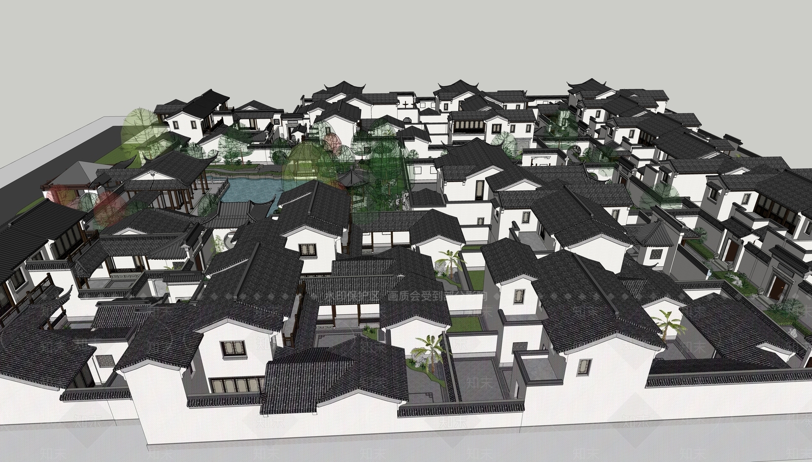 新中式中式民宿建筑SU模型下载【ID:1200096411】
