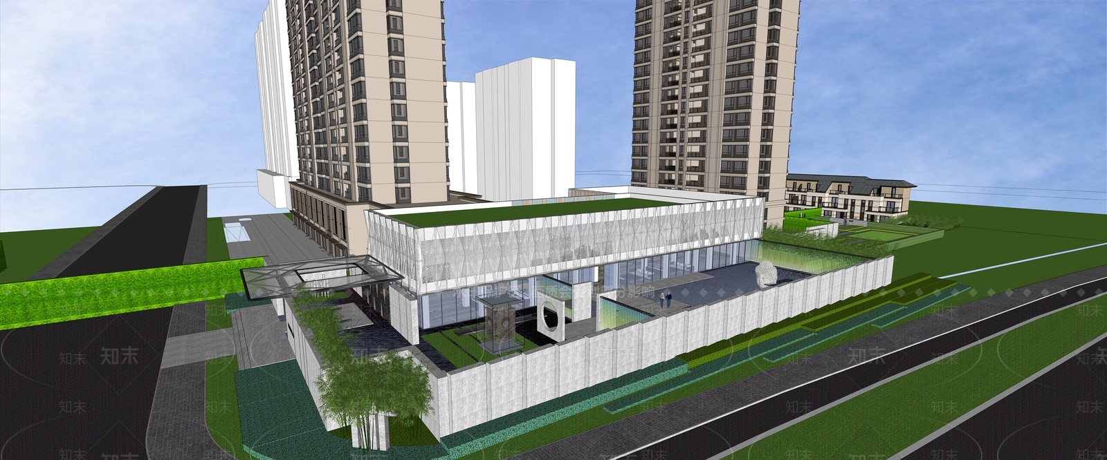 现代售楼处建筑SU模型下载【ID:1200105909】